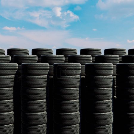Photo for Many stacks of car tires, both new or used, are piled high against a bright blue sky. Black rubber tires. Concept of auto service, wheels changing, tire store. Tires for sale. Transportation. - Royalty Free Image
