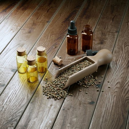 Photo for Picture of cannabis oil on a table. Cbd essential oils in little glass bottles next to hemp seeds in a wooden spoon. Concept of therapeutic and cosmetic uses of marijuana. Natural products. - Royalty Free Image