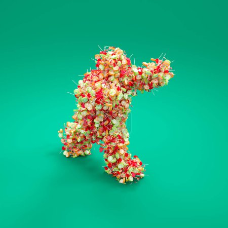 Photo for A candy monster chasing someone. The monster is made up of various colorful candies and has a mischievous expression. Concept of obesity and health problems, sugar addiction. Trying to lose weight. - Royalty Free Image