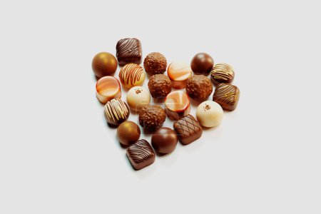 Photo for Delicious chocolate pralines in heart-shape. Sweet bonbons decorated with white and dark chocolate glaze and caramel icing. Perfect for a candy store, patisserie, valentines day or mother's day. - Royalty Free Image