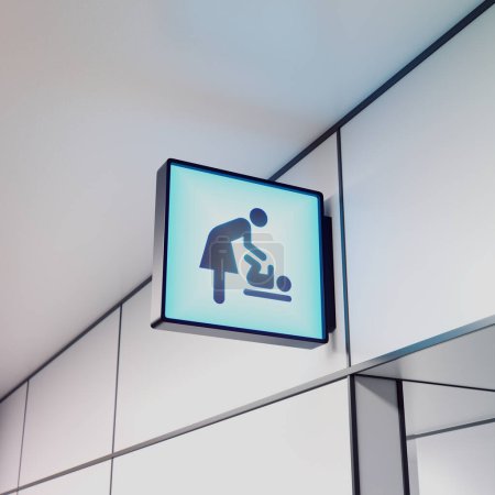 Foto de Un letrero cuadrado azul sobre la entrada de una sala de cuidado de bebés en el aeropuerto. Un símbolo gráfico de una madre cuidando a su bebé. Siluetas negras de mujeres y niños pequeños. Icono de información en un lugar público - Imagen libre de derechos