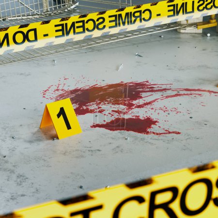 Picture of the murder site with pieces of evidence of the crime. Criminal police investigation. A crime scene with blood splatter, forsenic evidence markers, and yellow caution tape.