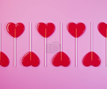 Foto de Las piruletas rojas en forma de corazón. Conjunto de dulces sabrosos lindos en palos. Símbolo del amor. Dulces caramelos surtidos sobre fondo rosa. Delicioso regalo romántico de San Valentín. - Imagen libre de derechos