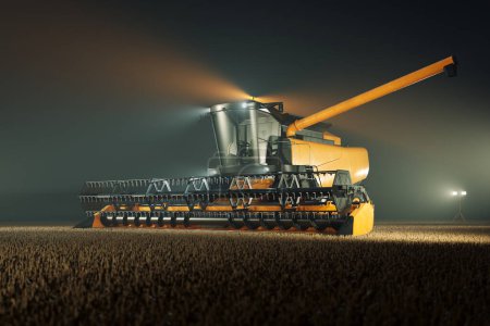 Huge combine-harvester with flashing lights at night in a field.  Vast harvesting farm machine. Yielding of agriculture crops. Concept of agricultural mechanization, food production, farming, farmland