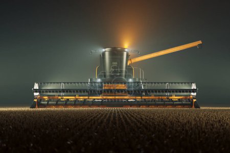 Huge combine-harvester with flashing lights at night in a field.  Vast harvesting farm machine. Yielding of agriculture crops. Concept of agricultural mechanization, food production, farming, farmland