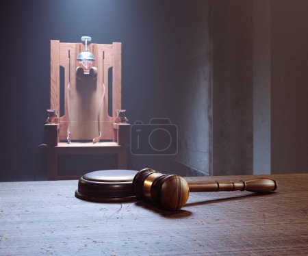 Photo for The image symbolizes the verdict of the prosecution for the death penalty. A wooden gavel hits the round block. An electric chair appears in the background. Concept justice, judgment, punishment. - Royalty Free Image