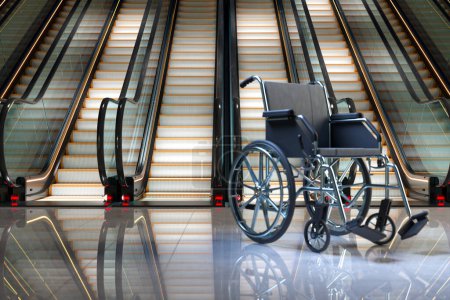 Footage of empty wheelchair next to the escalator. Concept of health problems, disabilities, handicaps, rehabilitation. Mobility matters. Issues of lack of accessibility and barriers in public spaces.