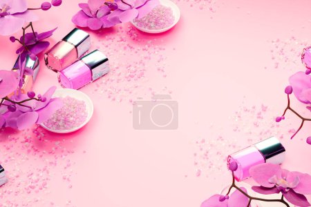 Téléchargez les photos : Accueil image spa avec des fleurs d'orchidée rose, sels de bain, et un assortiment de vernis à ongles dans différentes teintes. L'éclairage doux et l'ambiance apaisante créent une atmosphère parfaite pour une séance d'autosoin. - en image libre de droit