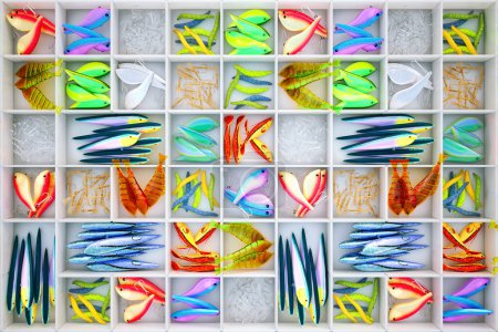 Assorted colorful fish baits. Fishing accessories in a box with compartments. Set of multicolor lures and fish hooks for the fishing hobby. Tackles. Angling. Wobblers. Outdoor activities.
