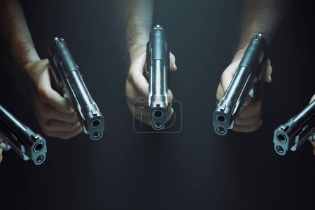Image showcasing several handguns seen pointing at a target. Shiny pistols. Military equipment. Dangerous. The focus and aim of guns suggest a decision or verdict is about to be made. Violence