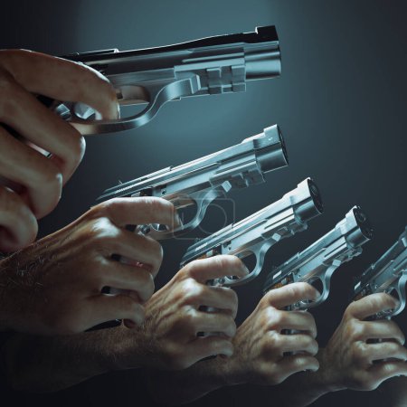 Image showcasing several handguns seen pointing at a target. Shiny pistols. Military equipment. Dangerous. The focus and aim of guns suggest a decision or verdict is about to be made. Violence