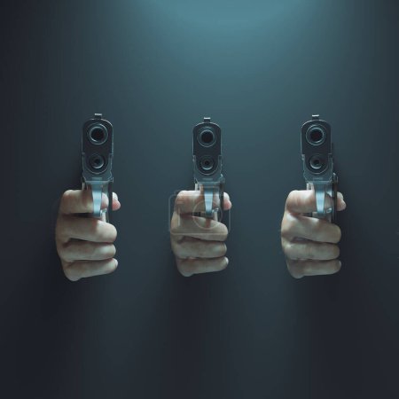 Photo for Image showcasing several handguns seen pointing at a target. Shiny pistols. Military equipment. Dangerous. The focus and aim of guns suggest a decision or verdict is about to be made. Violence - Royalty Free Image