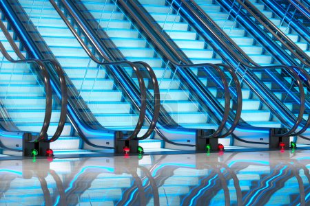 Téléchargez les photos : Image du vaste escalator dans l'intérieur de la ville moderne. Éléments d'architecture dans un centre commercial, un aéroport, un métro ou un centre d'affaires. Mode de transport en public à l'intérieur. Concept de technologie. - en image libre de droit