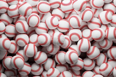 Téléchargez les photos : Gros plan d'un grand nombre de balles de baseball blanches avec des coutures rouges. Ensemble de nombreuses balles sportives professionnelles. Lumière douce. Équipement pour le jeu de ligue. Au milieu d'une compétition. - en image libre de droit