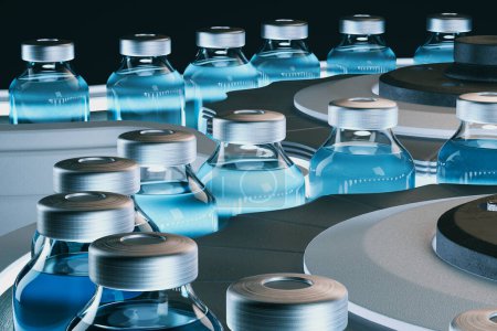 Foto de Imagen de un gran número de frascos de vacuna azul en una cinta transportadora. Concepto de vacunación COVID-19. Filas de frascos de vidrio con medicamento líquido. Laboratorio farmacéutico. Fábrica. Producción de vacunas - Imagen libre de derechos