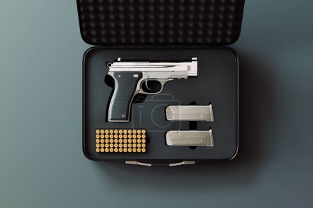 Téléchargez les photos : Rendu 3D de haute qualité d'un pistolet et des munitions stockées dans un boîtier noir avec des découpes en mousse pour s'adapter aux pièces. Parfait pour tout projet nécessitant une image réaliste d'arme à feu. - en image libre de droit