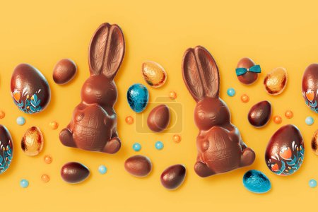 Photo for Set of cute and delicious chocolate Easter bunnies and eggs wrapped in colorful foil. Featuring a beautifully decorated chocolate bunny and small sweet drops on an orange background - Royalty Free Image
