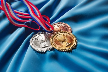 Photo for Set of gold, silver and brown medals for winners. First three prizes for champions. Shiny sports awards with ribbons. Symbol of winning competition, success, victory, triumph, achievement. Trophies. - Royalty Free Image