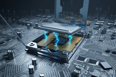 Foto de La renderización 3D muestra la conexión del procesador a la placa base en PC. Elemento destacado, circuitos y componentes electrónicos. CPU. Hardware. Comunicación digital, computación en nube, flujo de datos. - Imagen libre de derechos