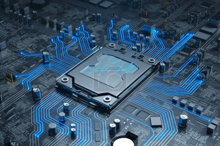 Photo for 3D rendering shows connecting the processor to the motherboard in pc. Highlighted element, circuits and electronic components. CPU. Hardware. Digital communication, cloud computing, data flow. - Royalty Free Image