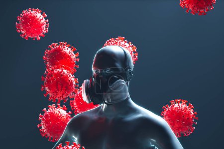 Photo for Concept of COVID protection. 3D rendering shows a model wearing a mask to protect from attacking viruses. Desaturated mannequin on dark background. Large red cells of coronavirus. Biohazard. - Royalty Free Image