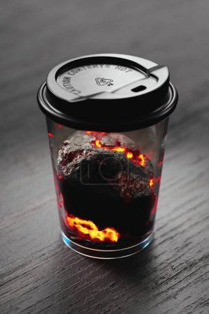 Photo for This realistic 3D rendering features a transparent takeaway coffee cup with hot lava inside, perfect for use in a wide range of design projects. Hot coffee. 4k HD - Royalty Free Image