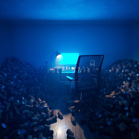 This 3D rendering depicts a messy bedroom with a computer desk illuminated by a blue computer screen. The room is cluttered with empty coffee cups and other debris.