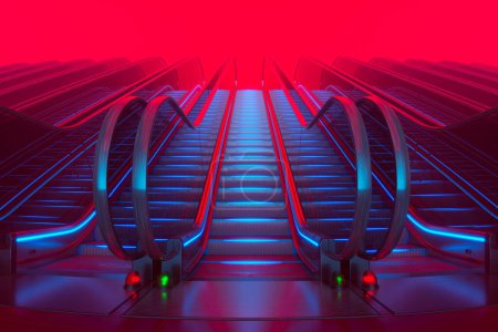 Foto de Esta representación 3D muestra un moderno diseño de escalera con iluminación colorida y vibrante. Las escaleras móviles son funcionales y visualmente llamativas, agregando un toque único a cualquier espacio. - Imagen libre de derechos