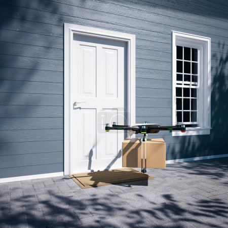 Photo for Hexacopter drone delivering ordered packages with medicines or vaccines directly to the client. Fully automatic unmanned system. The technology of the future. Efficient and innovative delivery process - Royalty Free Image