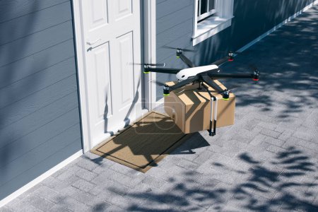 Hexacopter-Drohnen liefern bestellte Pakete mit Medikamenten oder Impfstoffen direkt zum Kunden. Vollautomatisches unbemanntes System. Die Technologie der Zukunft. Effizienter und innovativer Lieferprozess