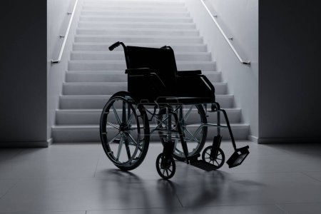 3D-Rendering eines leeren Rollstuhls neben breiten Treppen. Konzept der Gesundheitsprobleme, Behinderungen, Behinderungen, Rehabilitation. Mobilität ist wichtig. Probleme der mangelnden Barrierefreiheit im öffentlichen Raum