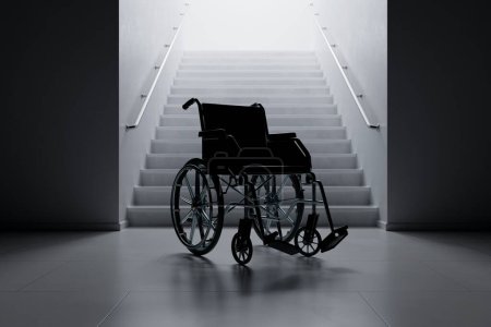 3D rendering of empty wheelchair next to wide stairs. Concept of health problems, disabilities, handicaps, rehabilitation. Mobility matters. Issues of lack of accessibility in public spaces