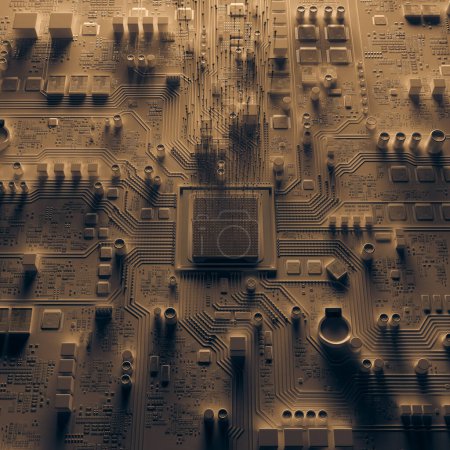 Photo for 3d rendering shows data flow in a motherboard in pc. Highlighted processor among circuits and electronic components.CPU. Hardware. Concept of digital communication, cloud computing, processing - Royalty Free Image