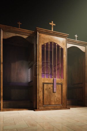 Photo for Beautiful light in Christian chapel falls on confessional. Place in the catholic church to confess sins. Sacrament of penance and reconciliation. Regret.Symbol of Devine mercy, forgiveness and love - Royalty Free Image