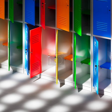 Photo for 3D rendering of an endless row of lockers in a college hall or gym. These lockers provide a safe place for students to store their books and personal belongings. - Royalty Free Image