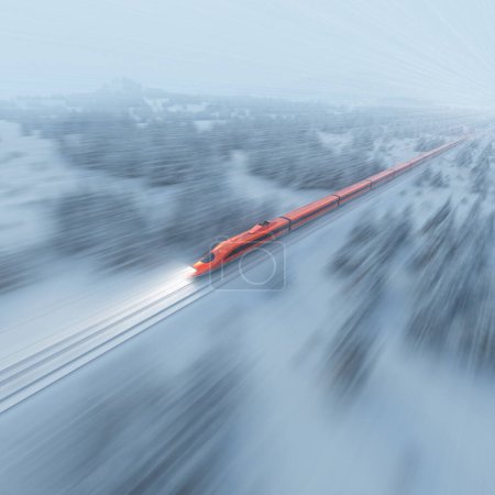 Photo for A high speed bullet train zooms through a snow-covered forest during winter, with snowflakes falling heavily. High-speed rail travel in a scenic winter landscape. - Royalty Free Image