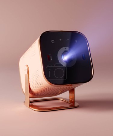 Photo for 3D rendering image showcases a stylish and elegant mini projector in a beautiful pink gold and pastel pink color scheme. Perfect for presentations, this projector displays clear and crisp images. - Royalty Free Image
