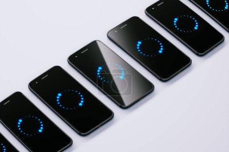 3D-Rendering einer Reihe von Smartphones mit Sync-Symbolen. Synchronisierung im Gange. Synchronisieren Sie Daten über Geräte hinweg. Mobiltelefone, die Einstellungen oder Kontakte übertragen. Konzept der drahtlosen Verbindung
