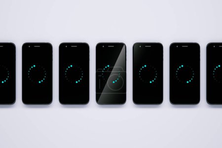 3d rendering of a set of smartphones displaying sync icons. Synchronizing in progress. Sync data across devices. Mobile phones transferring settings or contacts. Concept of wireless connection