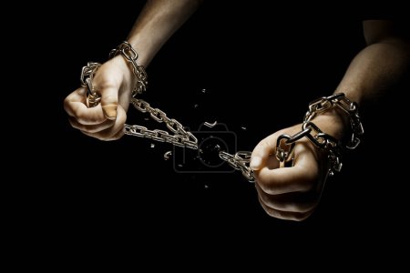 Photo for 3d rendering od Hands breaking silver chains. Metal or steel chain is blown to pieces. Concept of regains freedom. Break free from weakness. Symbol of strength, free, liberty. Powerful independence. - Royalty Free Image