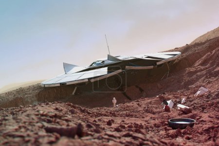 Foto de Una nave espacial alienígena estrellada y escombros dispersos en la superficie de Marte. Partes de un rover planetario se pueden ver entre los restos. Chispas y fugas añaden a la sensación de destrucción. - Imagen libre de derechos