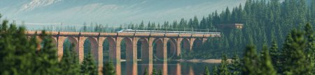 Photo for A high speed bullet train travels rapidly across a tall bridge towering over water, surrounded by majestic mountains and dense forest in the background. - Royalty Free Image