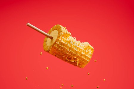 Téléchargez les photos : Maïs doux jaune fraîchement bouilli sur des brochettes en bois. La délicieuse collation au beurre salé sur un bâton. Savoureux fast-food végétarien sur un fond rouge vif. Couleurs gaies - en image libre de droit