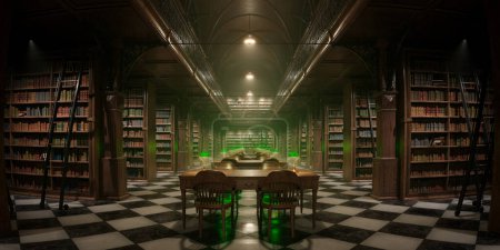 Photo for A green haze of vintage ceramic desk lamps illuminates old wooden desk in a two-stories library interior during the night. Bookshelves stacked full of ornamented leather books. Marble checker floor. - Royalty Free Image