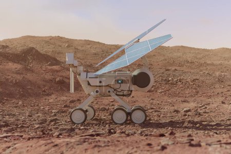Foto de El rover planetario carga baterías mientras explora el planeta rojo. El robot de energía solar se detiene en el terreno. Vehículo de ensayo que tiene una rotura durante las mediciones. La misión de la exploración de Marte. - Imagen libre de derechos