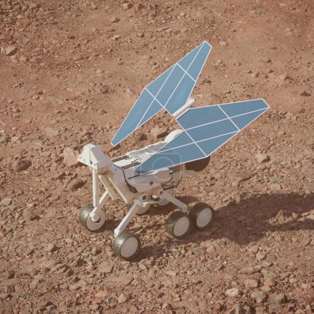 Planetary rover charging batteries while exploring the red planet. The solar power robot stops in the terrain. The test vehicle having a break during the measurements. The mission of Mars exploration.