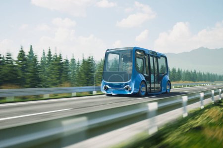 Photo for An autonomous electric smart bus coming up the road in a mountain surrounding. Moder minibus. Electric car going to charge station. Concept of the environment-friendly car.Green fuel. Electromobility - Royalty Free Image