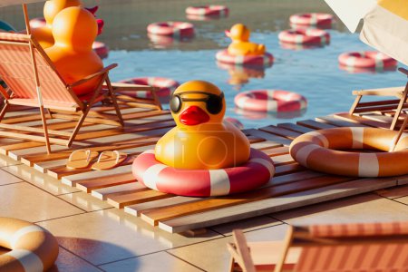Gummiente mit Sonnenbrille in der Ruhezone im Schwimmbad. Niedliche gelbe Spielzeuge auf einem Badetuch und Sonnenliegen unter Sonnenschirmen. Im Hintergrund schwimmende Rettungsringe und Enten. Fröhliche Stimmung.