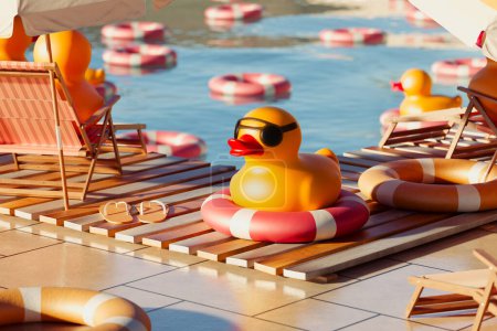 Pato de goma en gafas de sol en zona de relajación en la piscina. Lindos juguetes amarillos en una toalla de playa y tumbonas bajo sombrillas. Anillos de vida flotantes y patos en el fondo. Ambiente alegre.