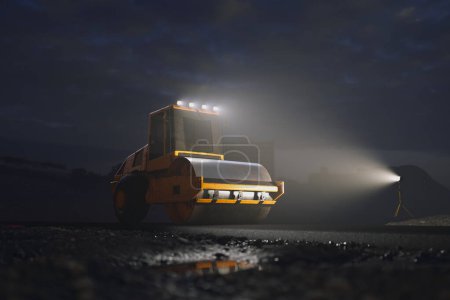 Photo for Big yellow roller on the asphalt road at night. Huge vehicle illuminated by a strong light. Camera panning around the heavy machine. Road construction side with large puddles and mud. - Royalty Free Image